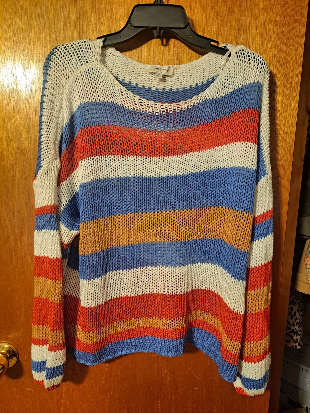 Umgee Multicolor Striped Open-Knit Crewneck Sweater - Blue, Red, White, Mustard
